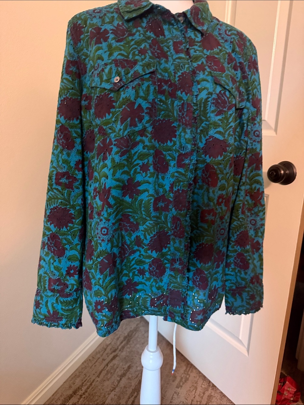 Sundance Teal and Plum eyelet Floral Button-Down Shirt - Picture 5 of 10